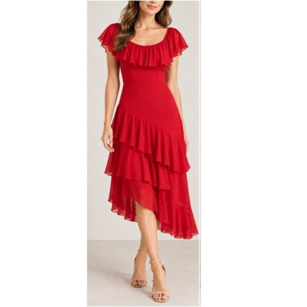 & Other Stories Women's Red Tiered Ruffles Asymmetric Midaxi Dress Size 10 NWT